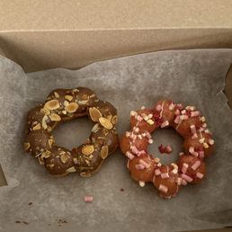 Almond caramel and Strawberry Poki mochi donuts. Almond caramel and Strawberry Poki mochi donuts.