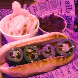 Brat Stop - Jalapeno cheddar brat w/red cabbage and German potato salad ($12). Really good stuff, man!