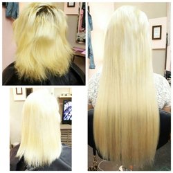 lilybelle locks - Lightener and loads of olaplex and she told us her hair felt "softer than a babies bum" with zero breakage. 22" bohyme luxe extensions.