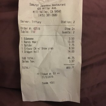 Samurai - Total for tonights dinnerrrr - Sushi Bars Near Me - Mill Valley, California