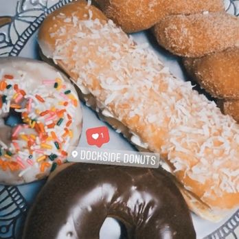 Dockside Donuts - Cinnamon sugar twist, coconut angel bar, chocolate frosted, vanilla frosted with sprinkles - Donuts Near Me - Tacoma, Washington Dockside Donuts - Cinnamon sugar twist, coconut angel bar, chocolate frosted, vanilla frosted with sprinkles - Donuts Near Me - Tacoma, Washington