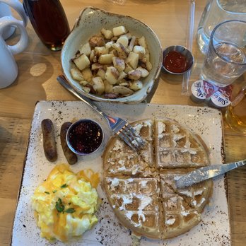 First Watch - Belgian waffle, Turkey sausage links, eggs w/ eggs, and a side order of potatoes - Breakfast & Brunch Near Me - Decatur, Georgia First Watch - Belgian waffle, Turkey sausage links, eggs w/ eggs, and a side order of potatoes - Breakfast & Brunch Near Me - Decatur, Georgia