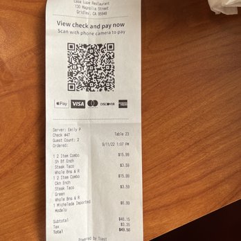 Casa Lupe - Receipt - Mexican Near Me - Yuba City, California