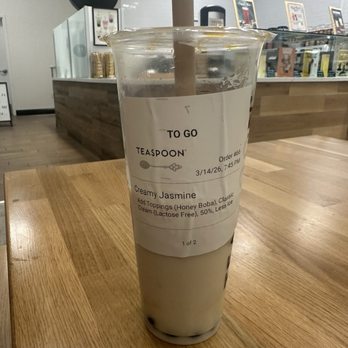 Teaspoon - Creamy Jasmine with boba, 50% sweetness (highly recommend if you like tasting the tea!), and less ice - Bubble Tea Near Me - Manteca, California