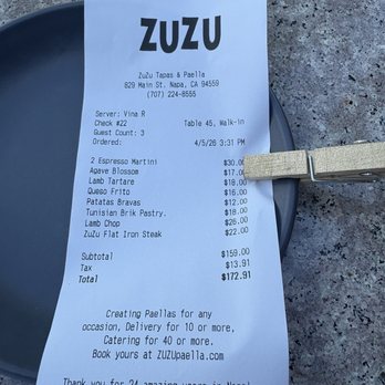 ZuZu - Bill - Tapas Bars Near Me - Napa, California