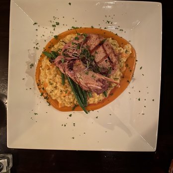 Rye - Bone in Duroc Pork Chop on butternut squash risotto and maple chipotle puree - Comfort Food Near Me - Appleton, Wisconsin Rye - Bone in Duroc Pork Chop on butternut squash risotto and maple chipotle puree - Comfort Food Near Me - Appleton, Wisconsin