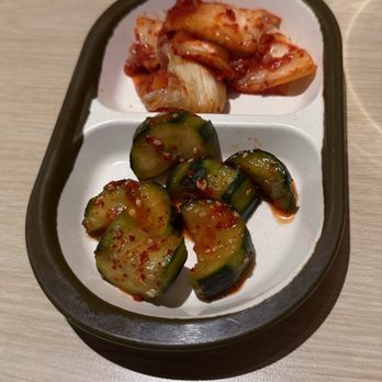 Sonamu Korean Restaurant - Comp banchan: Kim chi and Oi Kimchi (marinated/fermented cucumber) - Korean Near Me - San Francisco, California Sonamu Korean Restaurant - Comp banchan: Kim chi and Oi Kimchi (marinated/fermented cucumber) - Korean Near Me - San Francisco, California
