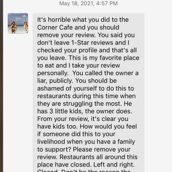 Corner Cafe Newton - This is the insane message I received from the owner's wife posing as a patron! - Cafes Near Me - Newton, Massachusetts