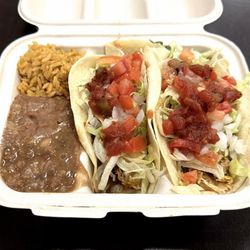 Two Soft Chicken Tacos with Sides of Rice and Beans - Not Bad!