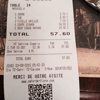 Café de Flore - Waiter mid-understood order and bill turned out to be more than twice expected. - Cafes Near Me - Paris, 75