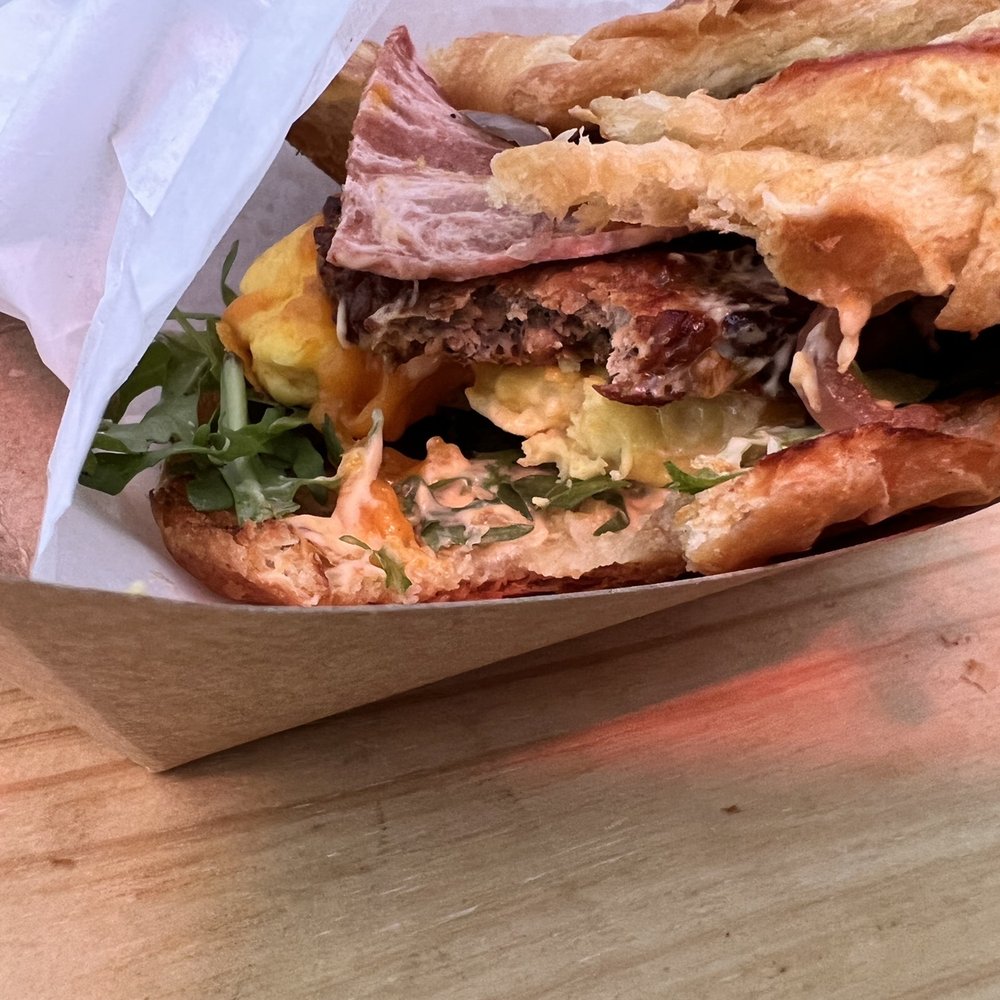 Chubby Bunny - My Croissandwich as it started to slide. You can really see the bacun, sausage and egg - Food Trucks Near Me - Portland, Oregon Chubby Bunny - My Croissandwich as it started to slide. You can really see the bacun, sausage and egg - Food Trucks Near Me - Portland, Oregon