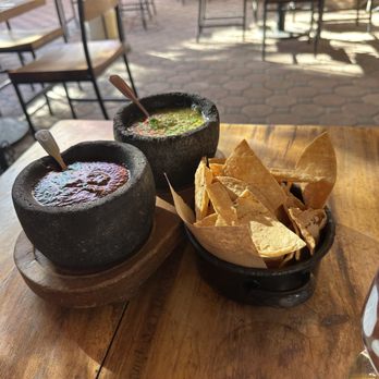 Los Tres Gallos - Chips with two types of salsa -- salsa verde and a red salsa with orange juice - Mexican Near Me - Cabo San Lucas, BCS