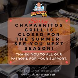 Chaparritos Grill - For caterings or special events, please leave a message and email us. We will get back to you soon as we can.
info@chaparritosgrill.com
