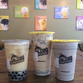 Kung Fu Tea - left to right: yogurt/Yakut mil tea, Oreo milk tea, taro milk tea with pudding - Bubble Tea Near Me - Annandale, Virginia Kung Fu Tea - left to right: yogurt/Yakut mil tea, Oreo milk tea, taro milk tea with pudding - Bubble Tea Near Me - Annandale, Virginia