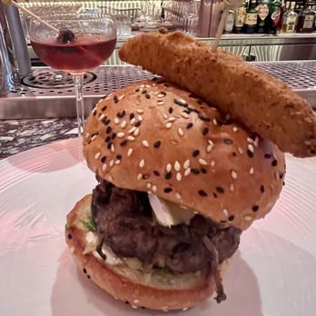 Deauville Club - Burger and a Manhattan, fried pickle on top! - French Near Me - Toronto, Ontario Deauville Club - Burger and a Manhattan, fried pickle on top! - French Near Me - Toronto, Ontario