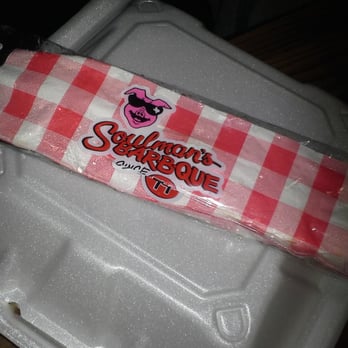 Soulman's Bar-B-Que - ows a pink and white checkered wrapper - Barbeque Near Me - Rockwall, Texas