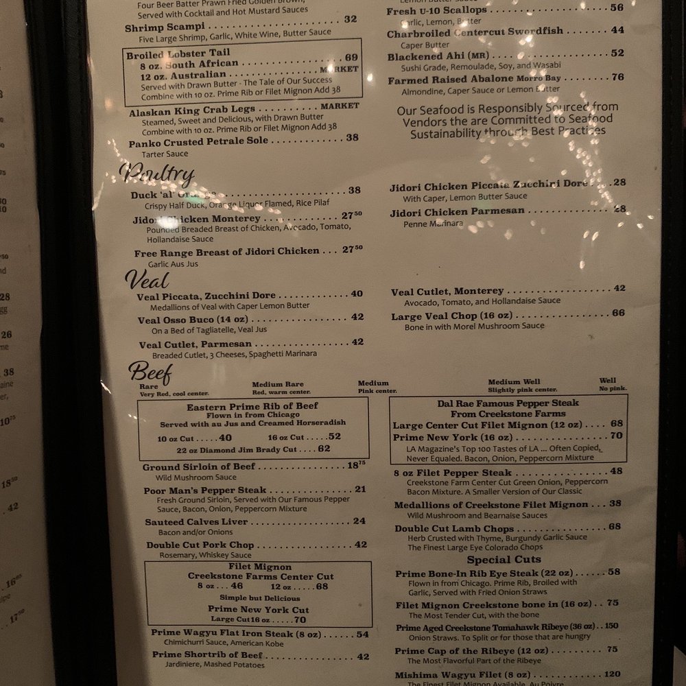 Dal Rae Restaurant - Entree menu 1/15/23 - Steakhouses Near Me - Pico Rivera, California Dal Rae Restaurant - Entree menu 1/15/23 - Steakhouses Near Me - Pico Rivera, California