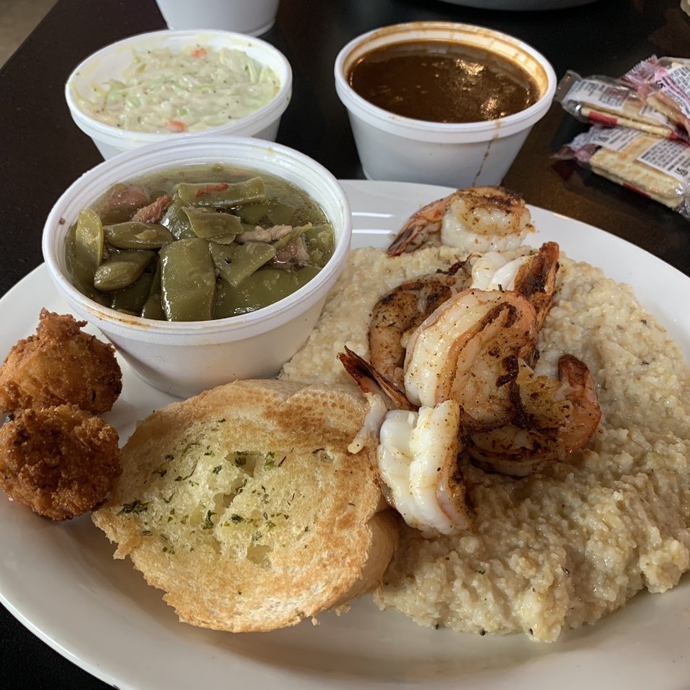 The Catch - Arlington  - Shrimp and Grits, side of green beans, side of cole slaw, and a cup of Shrimp, Crawfish and Sausage Gumbo - Seafood Near Me - Arlington, Texas