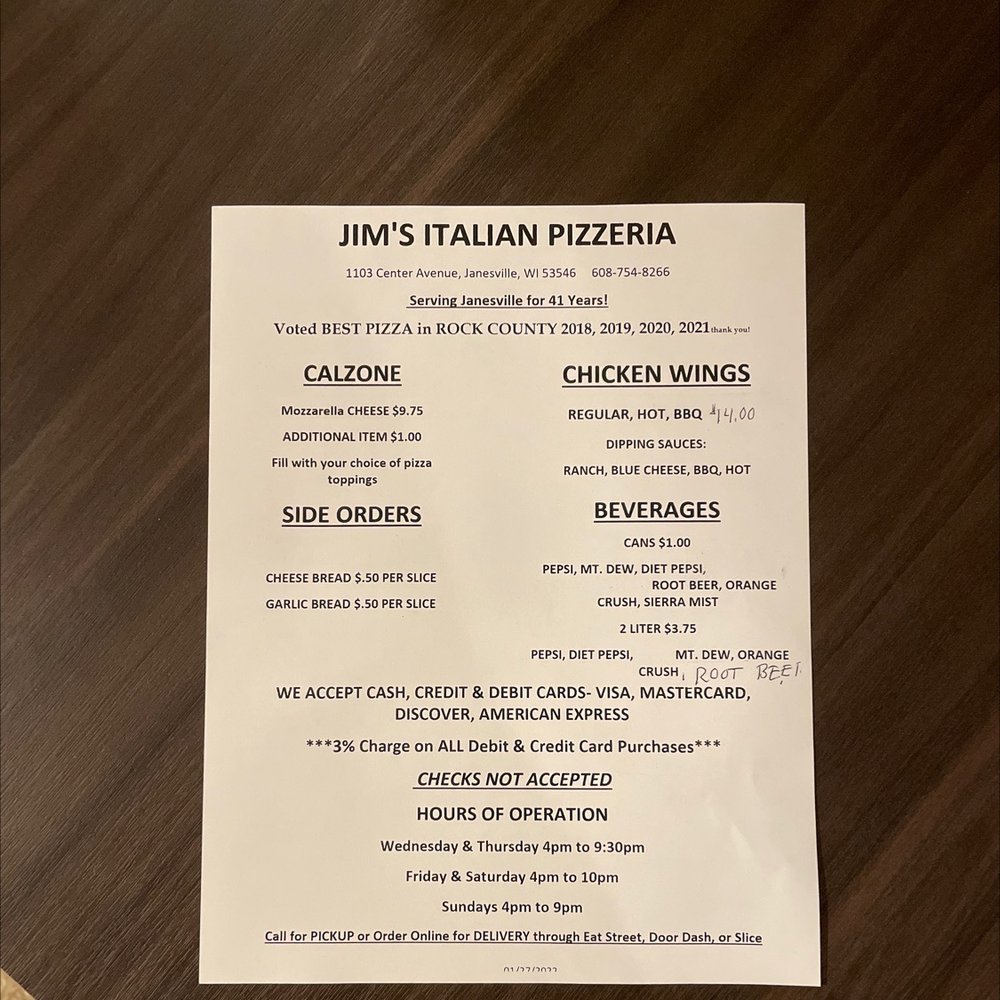 JIM’S PIZZERIA 12 Photos & 39 Reviews 1103 Center Ave, Janesville, WI Menu Yelp