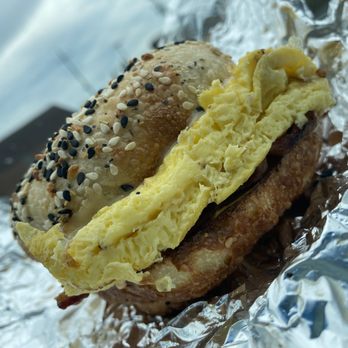 The Cleveland Bagel - Bacon, Egg and Cheese Sandwich (cheddar cheese, everything bagel add southwest chorizo cream cheese) - Bagels Near Me - Cleveland, Ohio