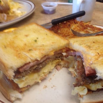 Spencer's Cafe - 3 little pigs. Ham bacon sausage egg and tomato on sourdough buttered bread - American Near Me - Bakersfield, California