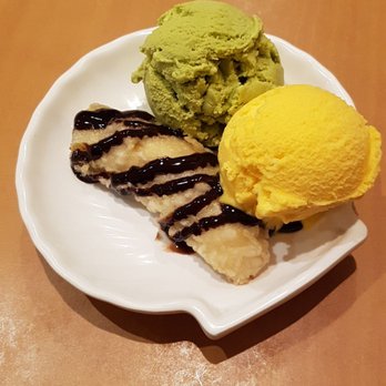 Echo Sushi - Limited dessert menu, but this was so good!  Deepfriend banana, green tea and mango icecream. - Sushi Bars Near Me - Toronto, Ontario