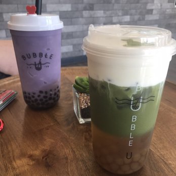 Bubble University - Left: Taro smoothie Right: Luna Matcha + golden boba (sea salt milk foam, matcha, honey, & black sugar infused boba.) - Bubble Tea Near Me - Roseville, California