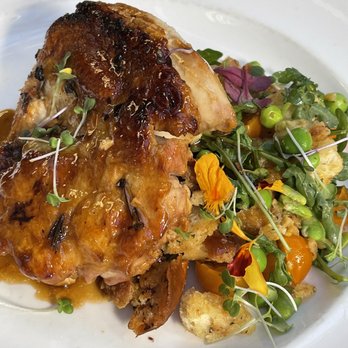 Celadon - Pan roasted half chicken with arugula and spring vegetables panzanella salad. The chicken was ok, the salad was delicious. - Seafood Near Me - Napa, California