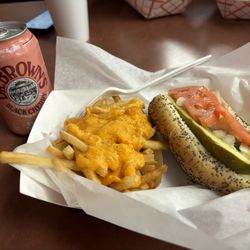 Herm's Palace - Hot dog Chicago style (no peppers). Merkts cheese fries and a cherry soda
