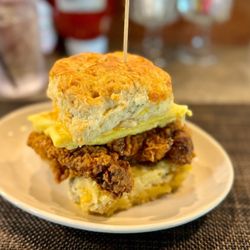 Bomb Biscuit - Fried Chicken with Egg, Pimento, Pickles on a Jalapeño Cheddar Biscuit!