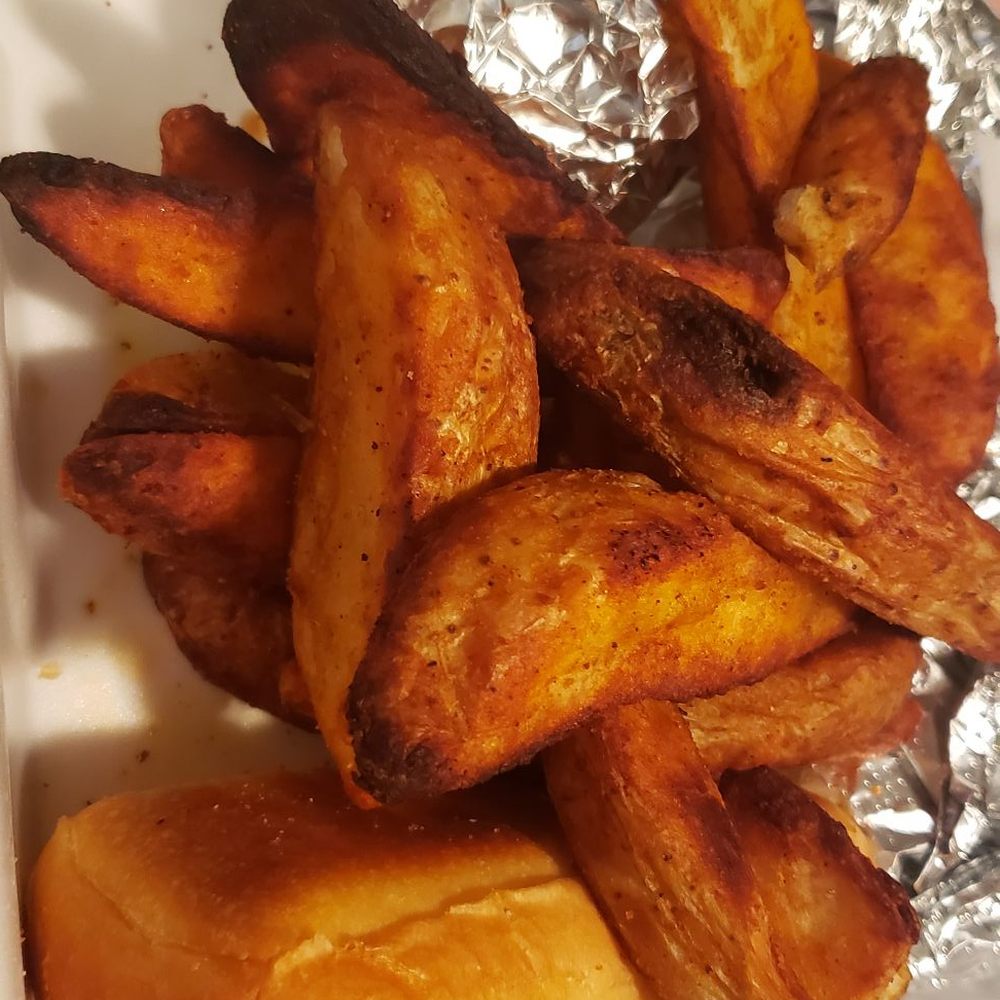 Burnt fries and very over charred veggies. Burnt fries and very over charred veggies.
