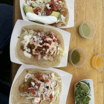 City Tacos - Crunch Time Shrimp Taco on the left and two Sonoran Fish Taxos on the right - Tacos Near Me - San Diego, California City Tacos - Crunch Time Shrimp Taco on the left and two Sonoran Fish Taxos on the right - Tacos Near Me - San Diego, California