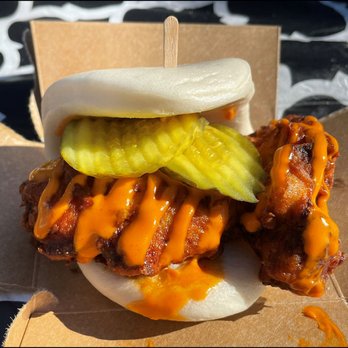 Boba & Bites - "Spicy Fried Chicken Bao Sandwich," which the menu describes as, "Crispy friend chicken with siracha mayo and pickles in a bao bun sandwich. - Asian Fusion Near Me