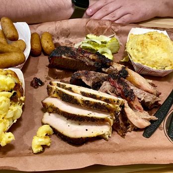 The Smoke Pit - Two meat plate: turkey and brisket and sides of macaroni & cheese, hashbrown casserole, and hushpuppies - Barbeque Near Me - Gastonia, North Carolina The Smoke Pit - Two meat plate: turkey and brisket and sides of macaroni & cheese, hashbrown casserole, and hushpuppies - Barbeque Near Me - Gastonia, North Carolina