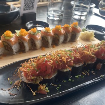 SUSHI DOKKU Japanese Restaurant - Seared Salmon Roll and the special spicy tuna one that is not on the menu but will be served to you if you ask for it! - Sushi Bars Near Me - Chicago, Illinois