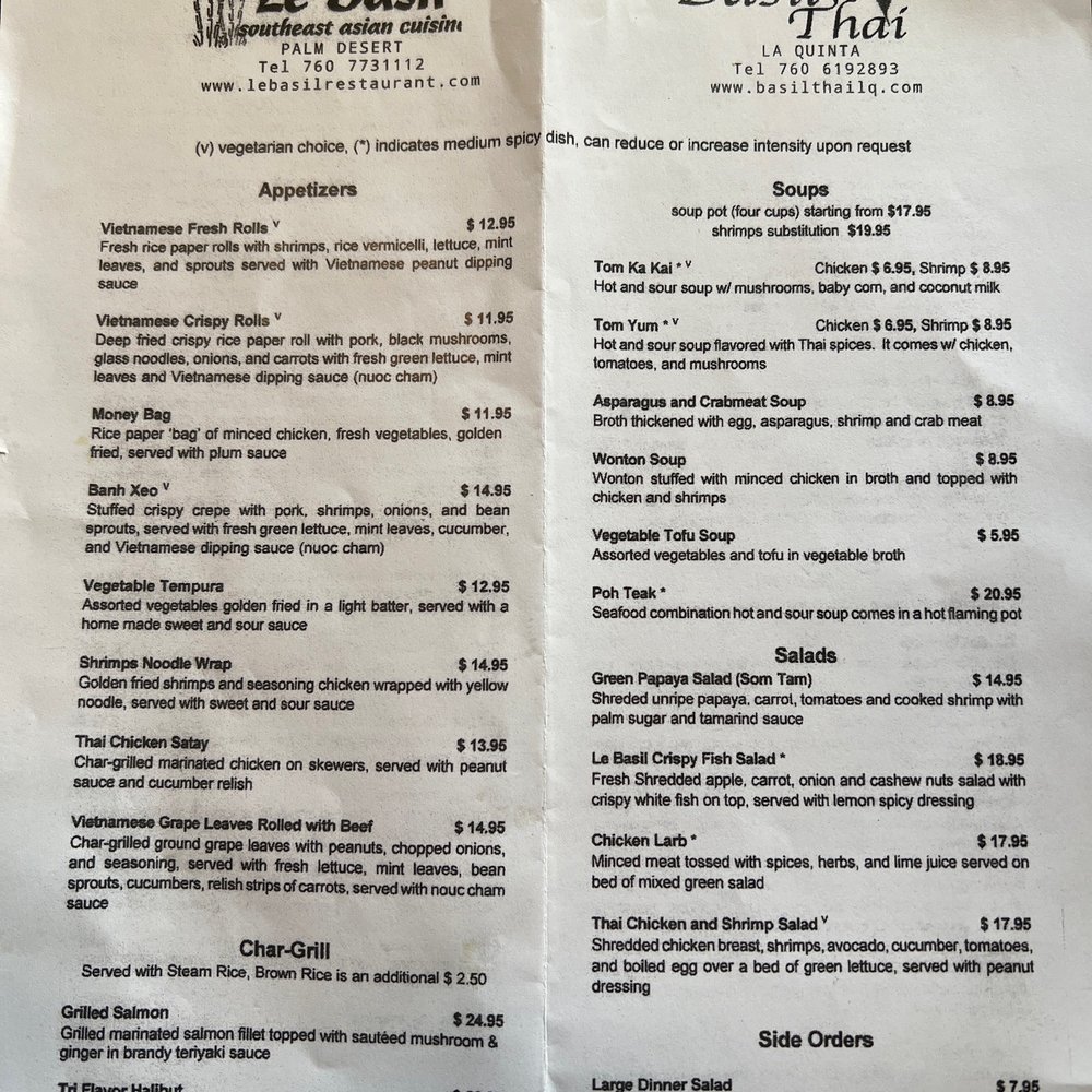 Basil Thai - Regular Menu side 1 - Thai Near Me - La Quinta, California