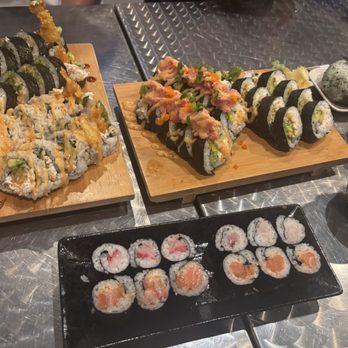 Musashi’s - Top Left: Dragon Roll Bottom Left: Shrimp Tempura Roll Middle Left: Musashi Roll Middle Right: California Roll Bottom: Chefs Selection - Sushi Bars Near Me - Corona, California