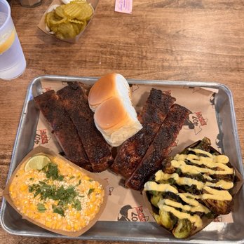 407 BBQ - rib plate with fried brussels sprouts and street corn - Barbeque Near Me - Argyle, Texas