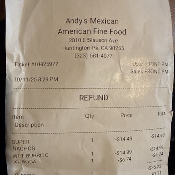 Andys - Refund of $40 - Mexican Near Me - Huntington Park, California Andys - Refund of $40 - Mexican Near Me - Huntington Park, California