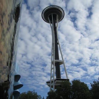 Space Needle - View of the Space Needle from an entrance of the Experience Music Project. - Landmarks & Historical Buildings Near Me - Seattle, Washington