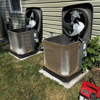 No Limit - Mid-clean on these dual condensers -- getting both systems cleaned up and ready for the heat. - Heating & Air Conditioning/HVAC Near Me No Limit - Mid-clean on these dual condensers -- getting both systems cleaned up and ready for the heat. - Heating & Air Conditioning/HVAC Near Me