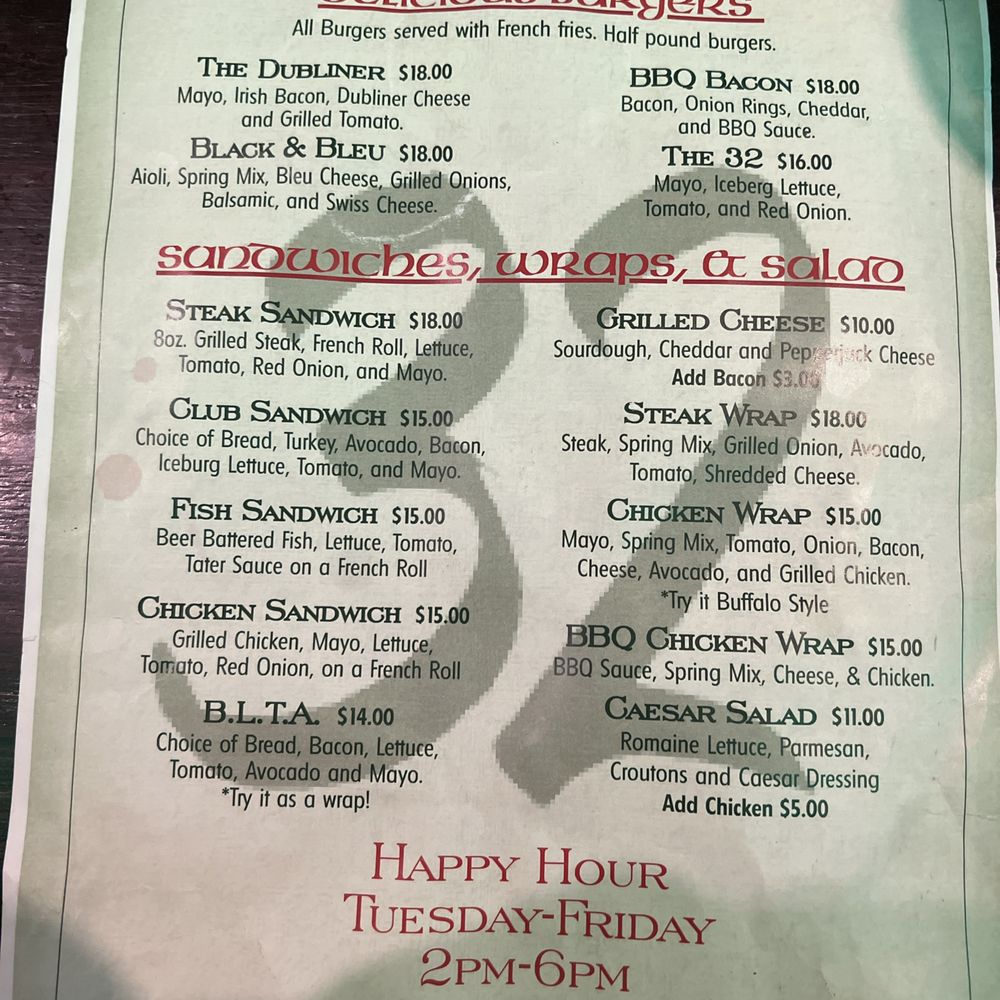 Ireland's 32 - Menu - Dive Bars Near Me - Van Nuys, California