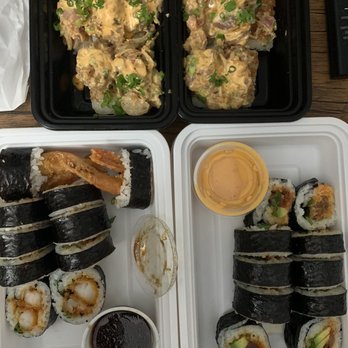 SUSHI-SAN - top: spicy tuna aburi, left: shrimp tempura maki, right: spicy tuna maki - Sushi Bars Near Me - Chicago, Illinois