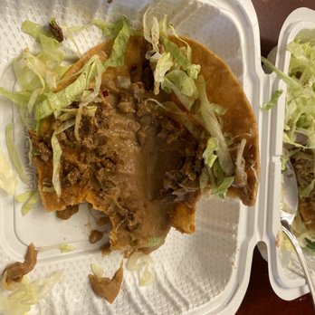 Fiesta Taco - My Al Pastor hard shell taco opened up showing mostly beans and what looks like ground beef (Not Al Pastor)! - Tacos Near Me - Pleasanton, California