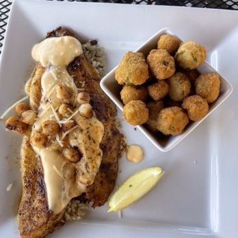 Bowen's Landing - Flounder-Scallop Plate over wild rice and Okra - Seafood Near Me - Inman, South Carolina