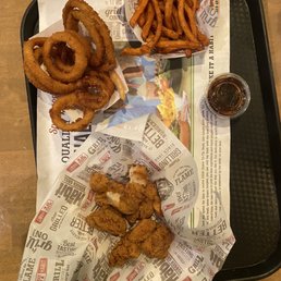 Onion Rings, Sweet Potato Fries, 5 pcs Crispy Chicken Bites Onion Rings, Sweet Potato Fries, 5 pcs Crispy Chicken Bites