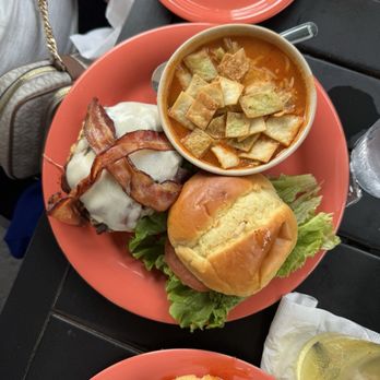 Peach's Grill - Cowboy burger with tortilla soup - New American Near Me - Yellow Springs, Ohio Peach's Grill - Cowboy burger with tortilla soup - New American Near Me - Yellow Springs, Ohio