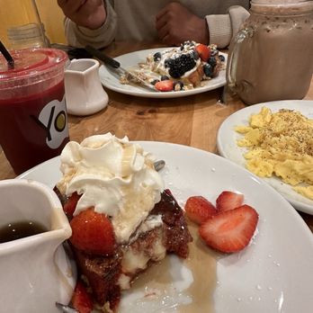 Yolk - Marina City - Red Velvet French Toast (SS) , side of Two Eggs Any Style (scrambled), very berry French toast (ss), beet orange juice, Mocha - Breakfast & Brunch Near Me - Chicago, Illinois Yolk - Marina City - Red Velvet French Toast (SS) , side of Two Eggs Any Style (scrambled), very berry French toast (ss), beet orange juice, Mocha - Breakfast & Brunch Near Me - Chicago, Illinois