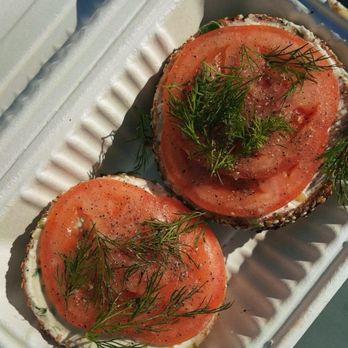 Apollo Bagels - scallion cc + tomato on an everything bagel - Bagels Near Me - New York, New York Apollo Bagels - scallion cc + tomato on an everything bagel - Bagels Near Me - New York, New York