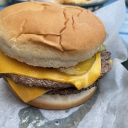 A really tasty double cheeseburger.